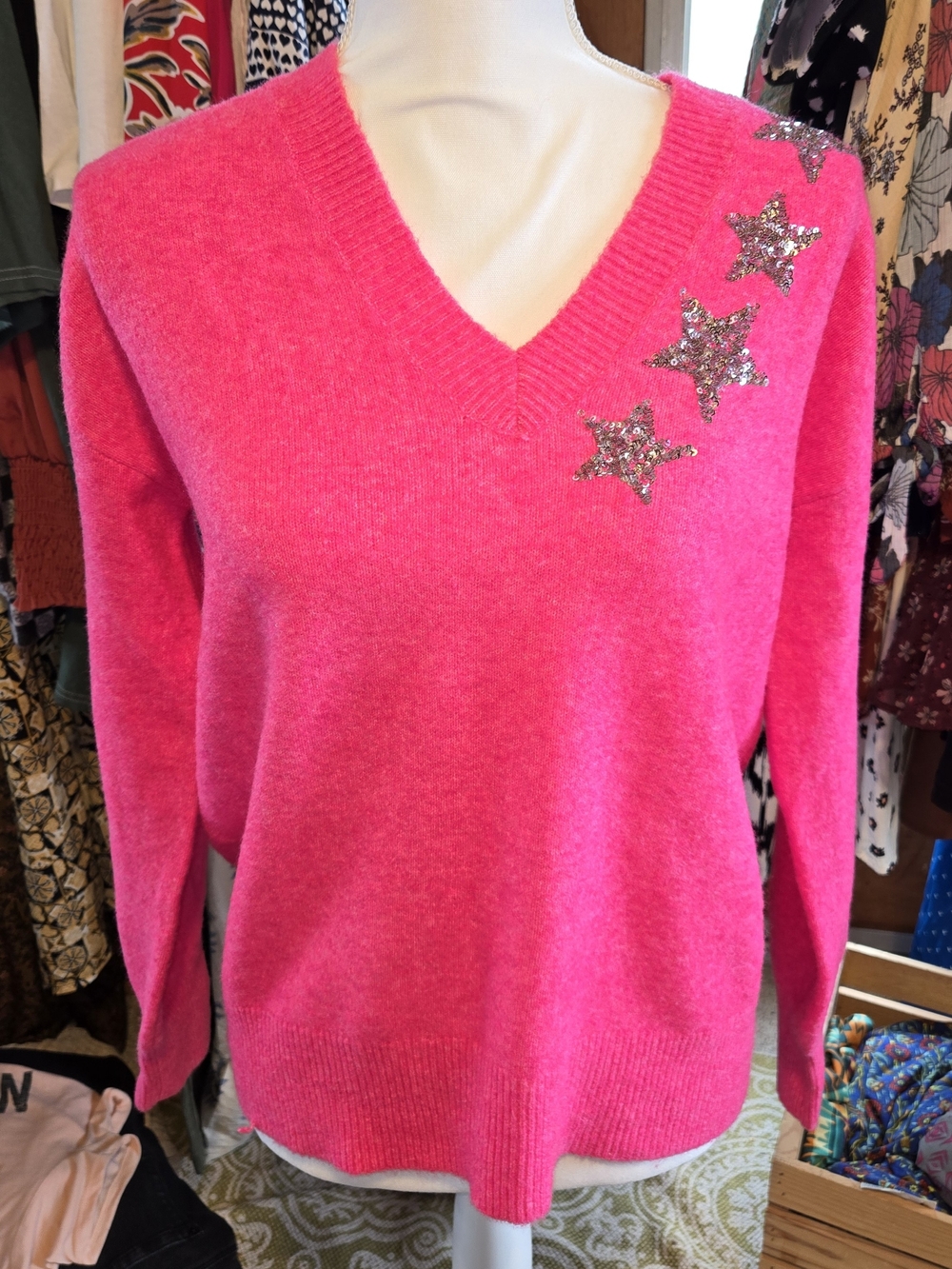 LOFT Hot Pink V-Neck Sweater with Silver Sequin Stars